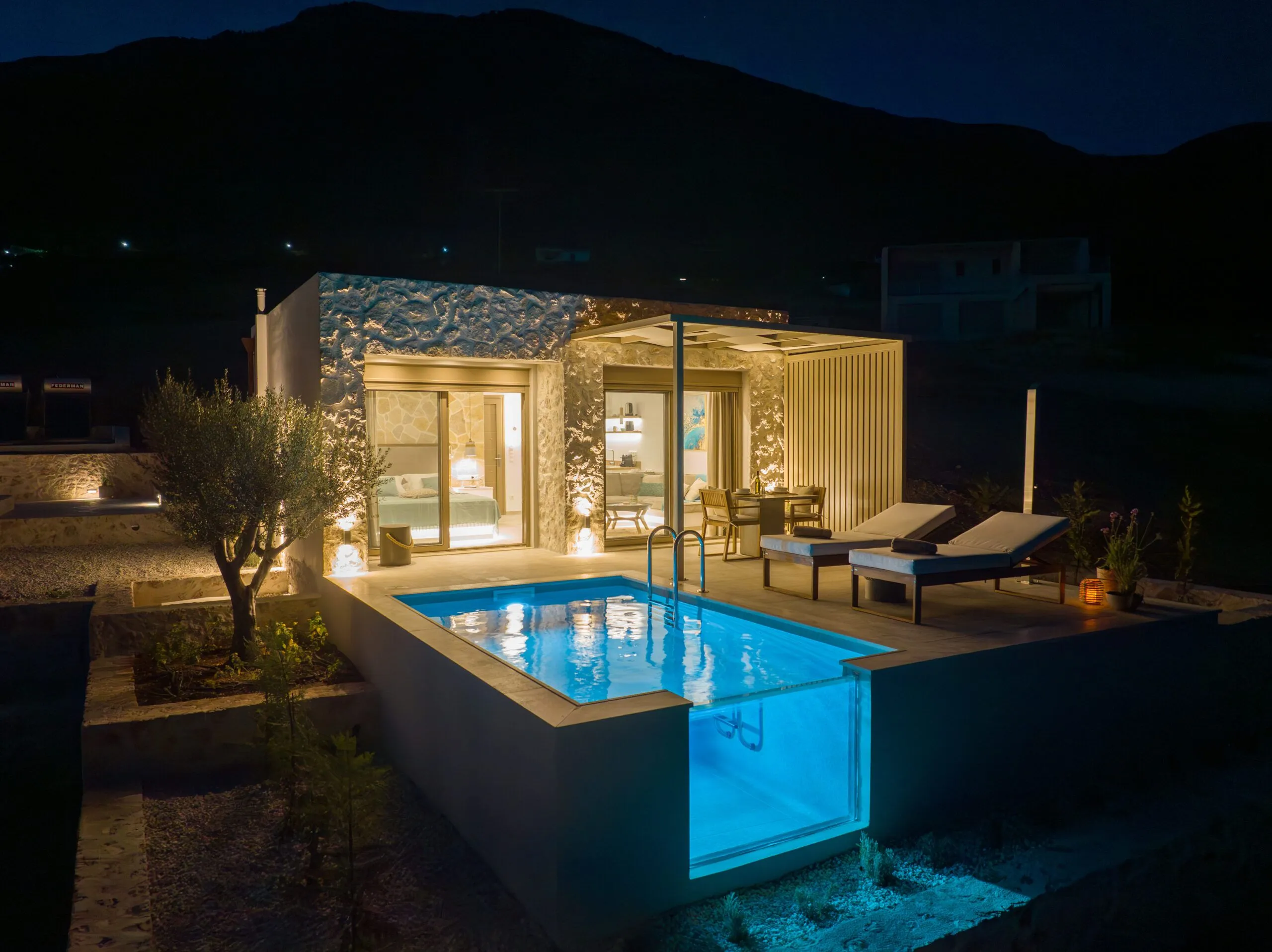 Ionian Horizons Private Bungalows Kephalonia Greece Bungalow Pool Terrace At Night scaled.jpg